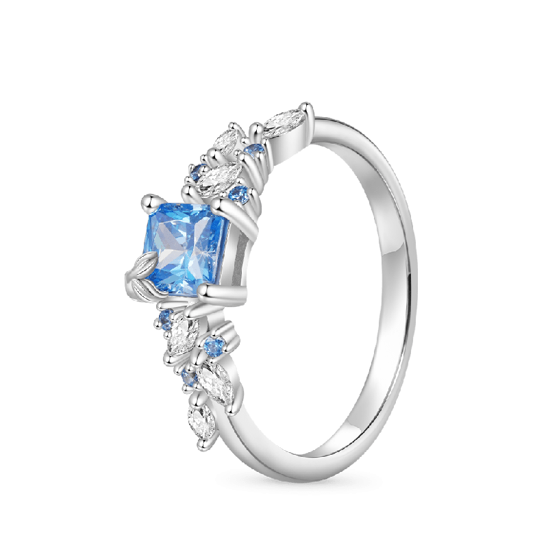 Aquamarine Square Cut Leafs Ring